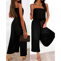 Spaghetti Strap Ruffle Hem Pleated Wide Leg Jumpsuit - black