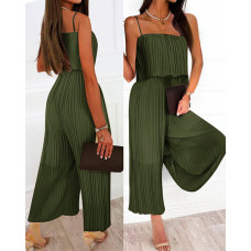 Spaghetti Strap Ruffle Hem Pleated Wide Leg Jumpsuit - green