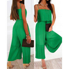 Spaghetti Strap Ruffle Hem Pleated Wide Leg Jumpsuit - light green