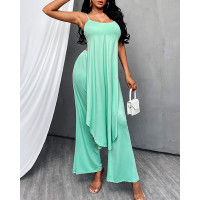 Spaghetti Strap Ruffles Asymmetrical Jumpsuit - light green