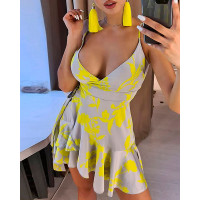 Spaghetti Strap Ruffles Floral Print Dress - yellow