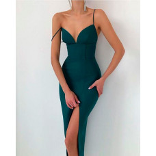 Spaghetti Strap Split Thigh Party Dress - green