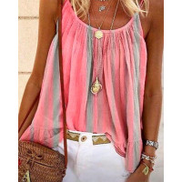 Spaghetti Strap Striped Print Casual Top - pink