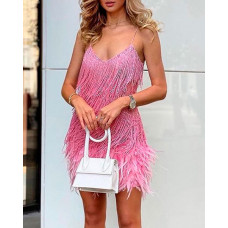 Spaghetti Strap Tassel Design Feather Detail Party Dress - pink