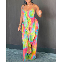 Spaghetti Strap Tie Dye Print Top & Pants Set - Multicolor