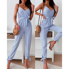 Spaghetti Strap Tied Detail Jumpsuit With Belt - blue