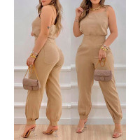 Spaghetti Strap Top & Pocket Design Pants Sets - khaki