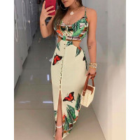 Spaghetti Strap Tropical Print Cutout Dress - beige