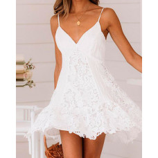 Spaghetti Strap V-Neck Lace Dress - white