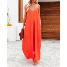 Spaghetti Strap V-Neck Wide Leg Jumpsuit - orange