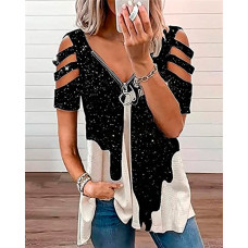 Sparkling Sky Print Zipper Design Cutout T-shirt - black