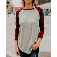 Splicing Plaid Raglan Sleeve Casual Top - gray