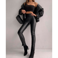 Split Hem PU Leather Skinny Pants - black