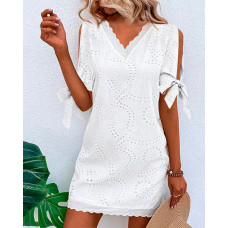 Split Sleeve Eyelet Embroidery Casual Dress - white