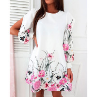 Split Sleeve Floral Print Casual Dress - white