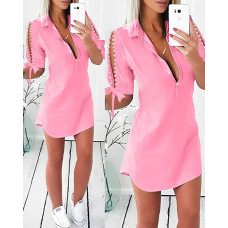 Split Sleeve Pearls Decor Shirt Dress - pink