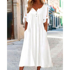 Split Sleeve Tied Detail Ruched Casual Dress - white