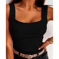 Square Neck Backless Knit Basic Tank Top - black