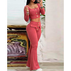 Square Neck Buttoned Top & Pocket Design Flared Pants Set - red