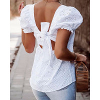 Square Neck Hollow-out Back Knot Bubble Sleeve Plain Top - white