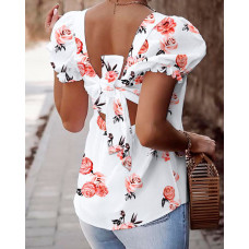 Square Neck Hollow-out Knot Back Bubble Sleeve Floral Print Blouse - white