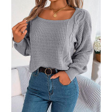 Square Neck Lantern Sleeve Cable Knit Sweater - light gray