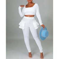 Square Neck Long Sleeve Top & Ruffles Pants Set - white