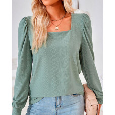 Square Neck Puff Sleeve Ruched Textured Top - green