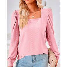 Square Neck Puff Sleeve Ruched Textured Top - pink