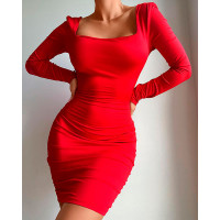 Square Neck Ruched Long Sleeve Bodycon Dress - red