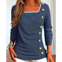 Square Neck Side Button Ruched Top - blue