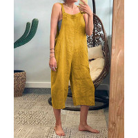 Square Neck Sleeveless Buttoned Suspender Jumpsuit - yellow