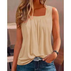 Square Neck Sleeveless Ruched Tank Top - Apricot