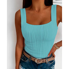 Square Neck Textured Tank Top - blue