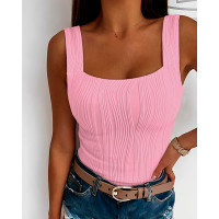 Square Neck Textured Tank Top - pink