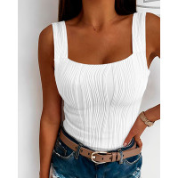 Square Neck Textured Tank Top - white