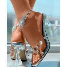 Square Toe Rhinestone Clear Strap Pyramid Heels - silver