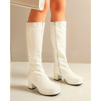 Square Toe Side Zipper Chunky Boots - white