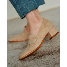 Square Toe Suede Hollow Out Design Chunky Loafers - Apricot