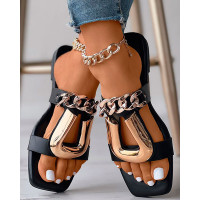 Square Toe U-Shaped Chain Decor Slippers - black