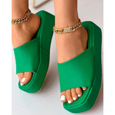 Square Toe Wide Strap Platform Slippers - green