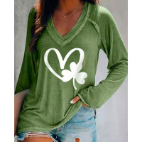 St. Patrick's Day Clover Heart Print Long Sleeve Top - green