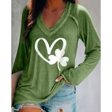 St. Patrick's Day Clover Heart Print Long Sleeve Top - green