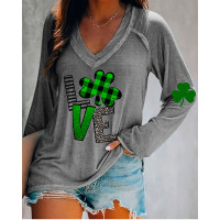 St. Patrick's Day Clover Letter Print Long Sleeve Top - gray