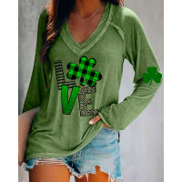 St. Patrick's Day Clover Letter Print Long Sleeve Top - green