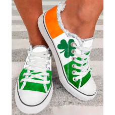 St. Patrick's Day Clover Print Colorblock Canvas Sneakers - white&green