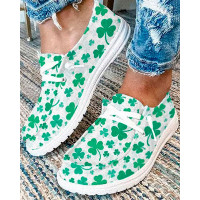 St. Patrick's Day Clover Print Eyelet Lace-up Slip-on Loafers - white&green