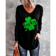 St. Patrick's Day Clover Print Long Sleeve V-Neck Casual Top - style2