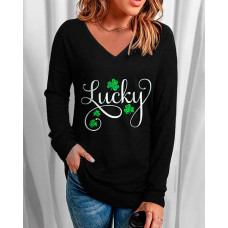 St. Patrick's Day Clover Print Long Sleeve V-Neck Casual Top - style3