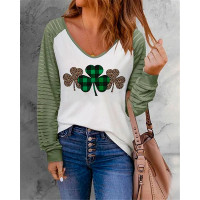 St. Patrick's Day Clover Print Long Sleeve V-Neck Top - style1